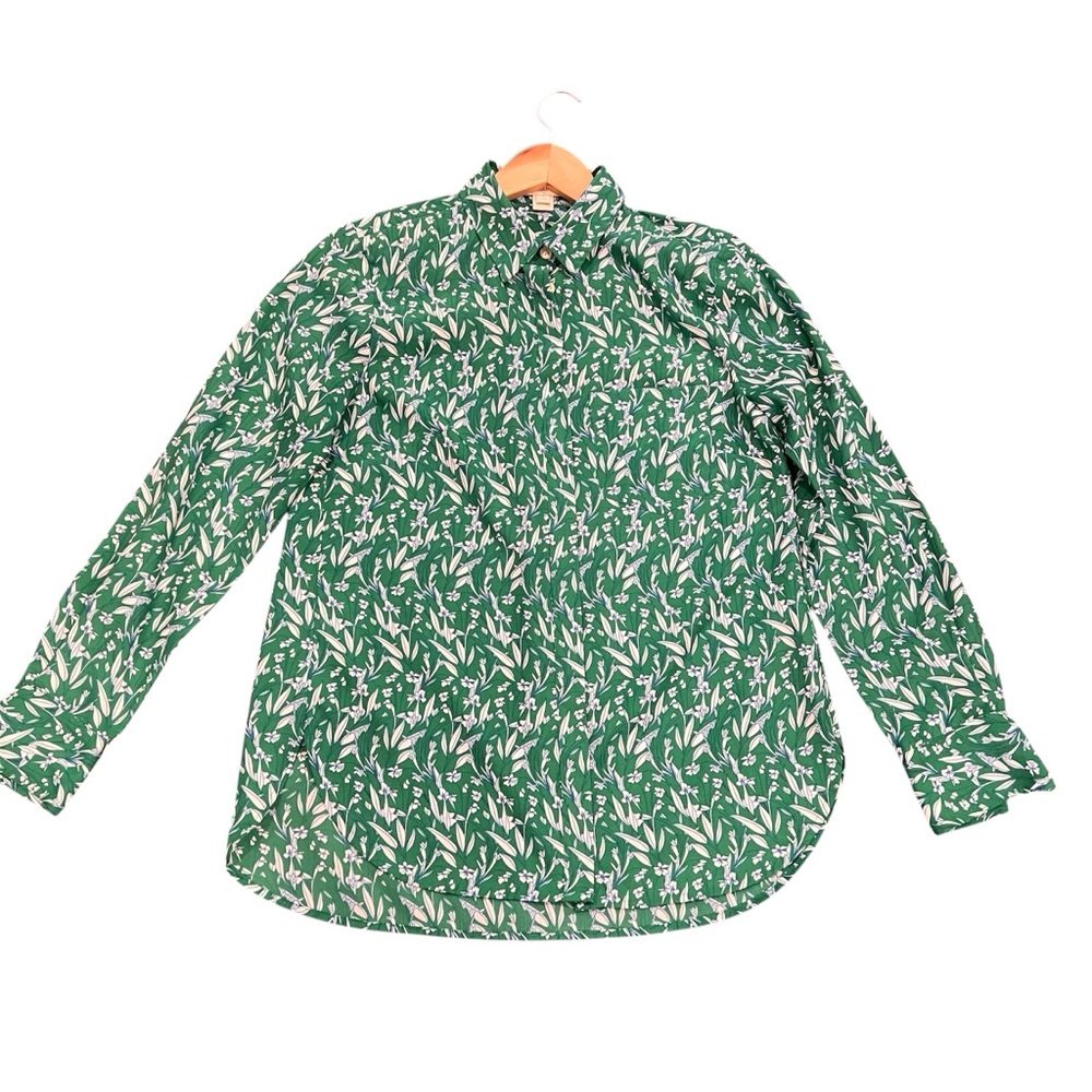 J.Crew Green Floral Button Down Blouse Shirt Petite Small S Long Sleeve